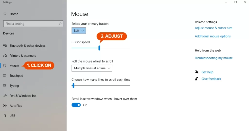 1) Changing mouse speed using Windows 10 Settings